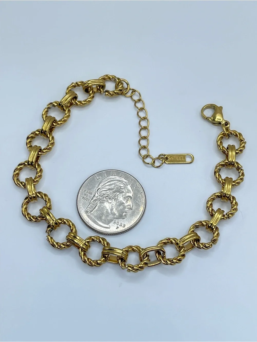Antique Gold Tone Stainless Steel Cable Textured Link Bracelet Chain Boho